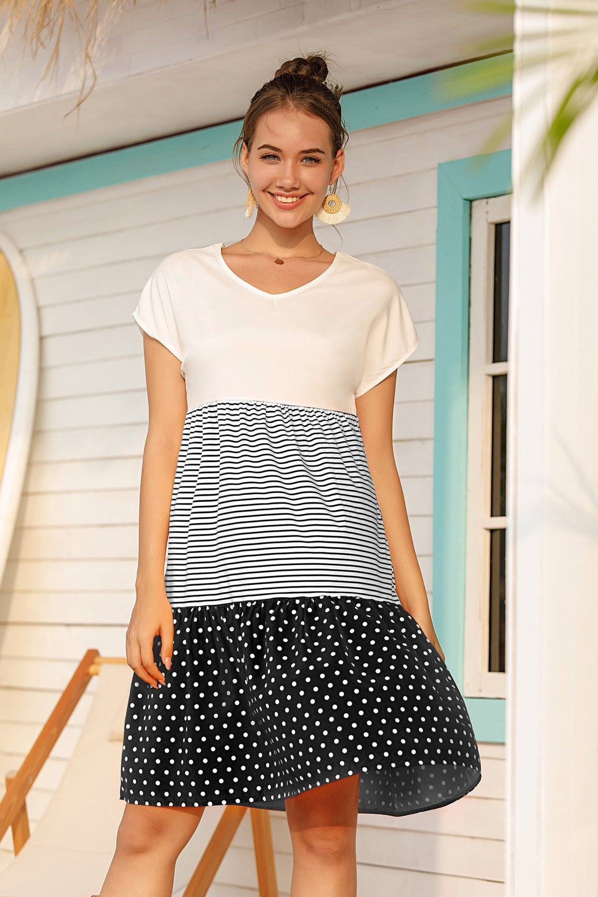 Patchwork Polka Dot V-Neck Short Sleeve Dress Women's