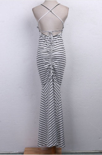 Black and white striped slim sling backless sexy dress
