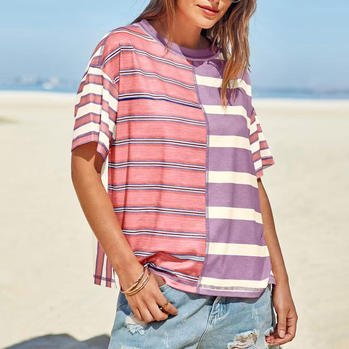 Women's Striped Casual Loose-fitting Short-sleeve Shirt