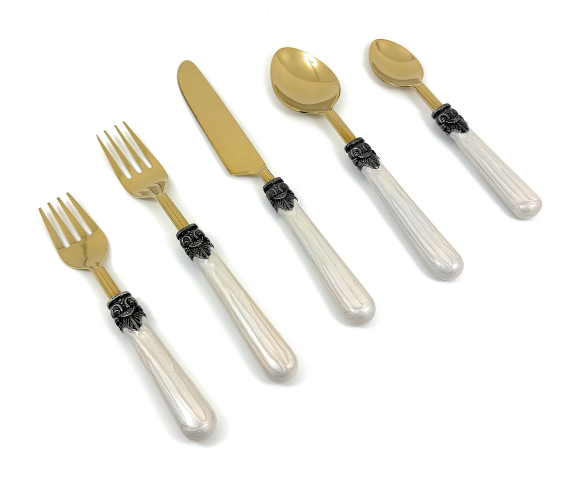 White Resin Handle Flatware set of 20 Antique Design