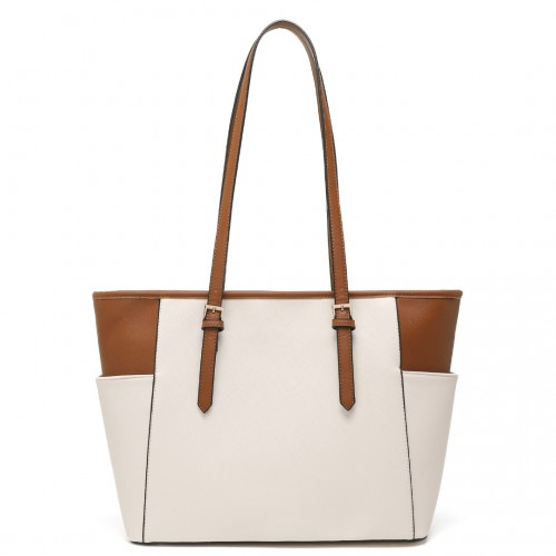 LM1642-1 - Miss Lulu Faux Leather Adjustable Handle Tote Bag - Beige And Light Brown