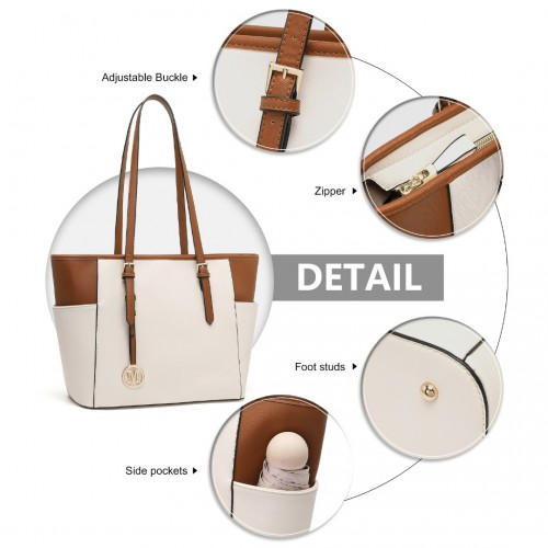 LM1642-1 - Miss Lulu Faux Leather Adjustable Handle Tote Bag - Beige And Light Brown