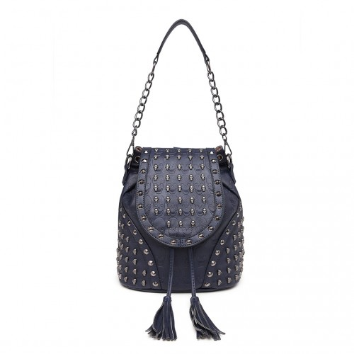 L1414 - Miss Lulu Skull Studded Backpack Shoulder Bag - Navy