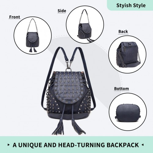 L1414 - Miss Lulu Skull Studded Backpack Shoulder Bag - Navy