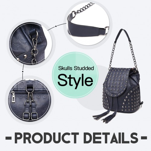 L1414 - Miss Lulu Skull Studded Backpack Shoulder Bag - Navy
