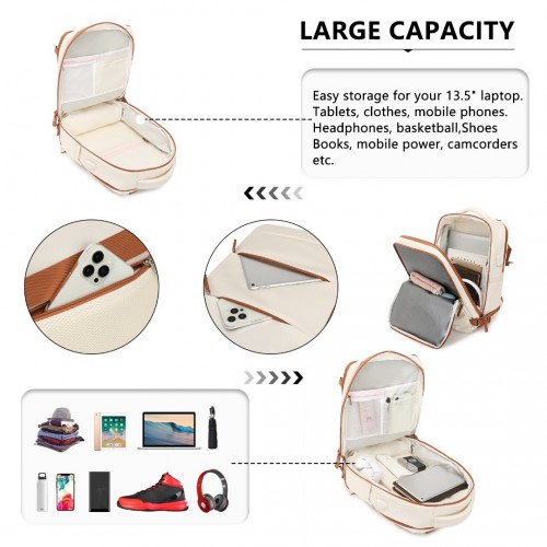 EQ2344 - Kono Multi-Functional Breathable Travel Backpack With USB Charging Port And Separate Shoe Compartment - Beige And Brown