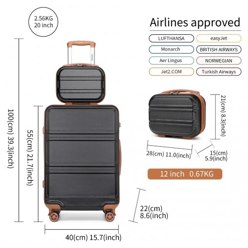 K1871-1L - Kono ABS 4 Wheel Suitcase Set with Vanity Case - Black And Brown