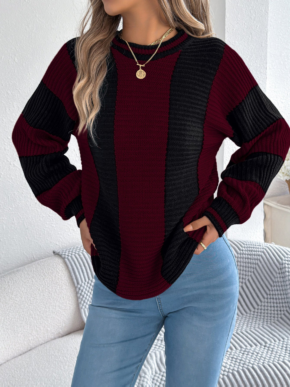 Women Casual Color Block Stripe Lantern Sleeve Pullover Sweater