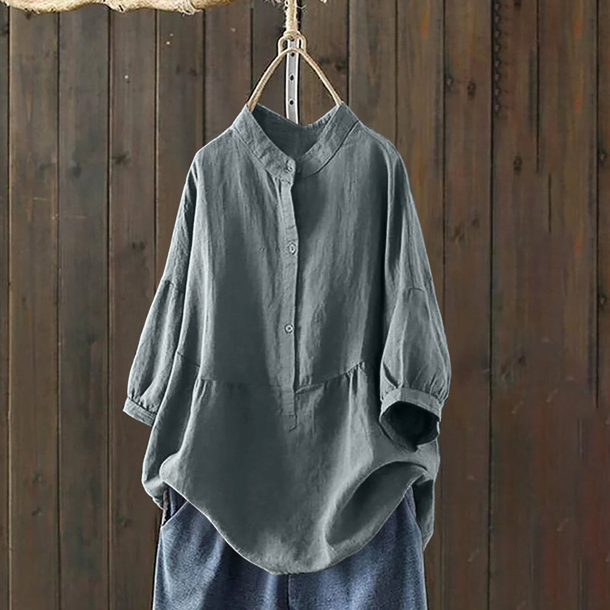 Mandarin-collar Single-breasted Traditional-style Solid-color Long-sleeve Pullover Shirt