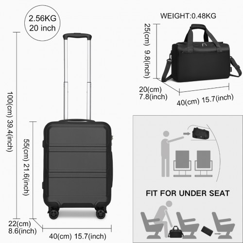 K1871-1L+EA2321 - Kono ABS 20 Inch Sculpted Horizontal Design 2 Piece Suitcase Set With Cabin Bag - Black