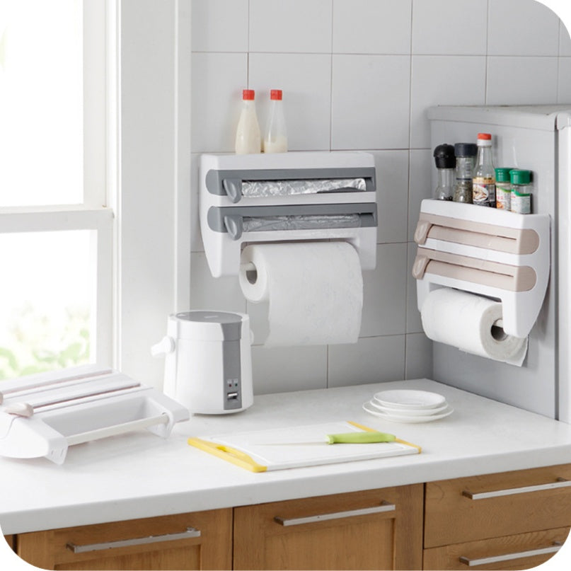 Multifunction Wall-Mount Cling Film Storage Wrap Cutter Rack Paper Holder for Kitchen