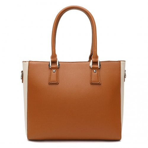 LG1641 - Miss Lulu Leather Look V-Shape Shoulder Handbag - Brown And Beige
