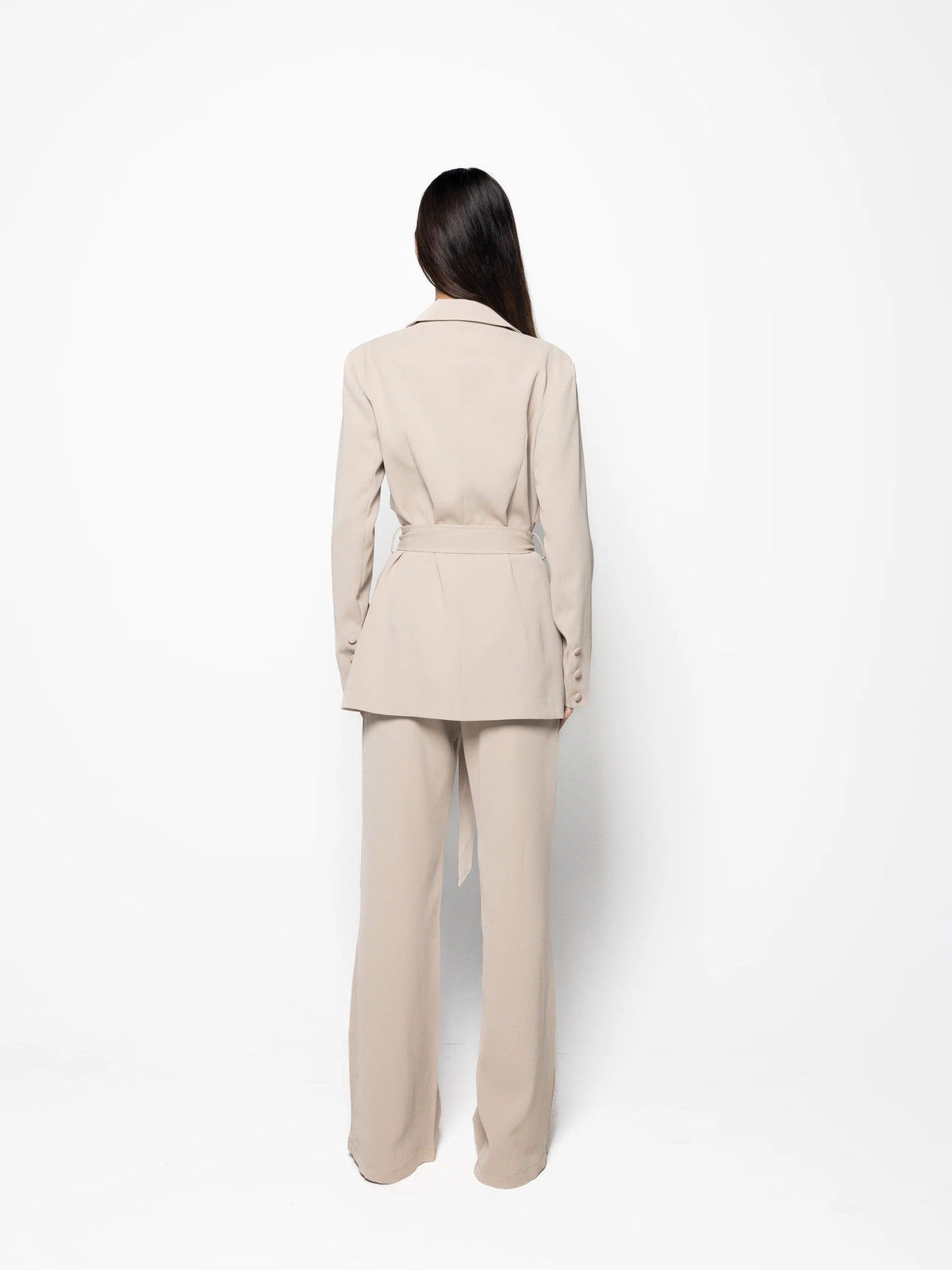 Elegant Solid Color Belted Blazer & High Waist Pants Set