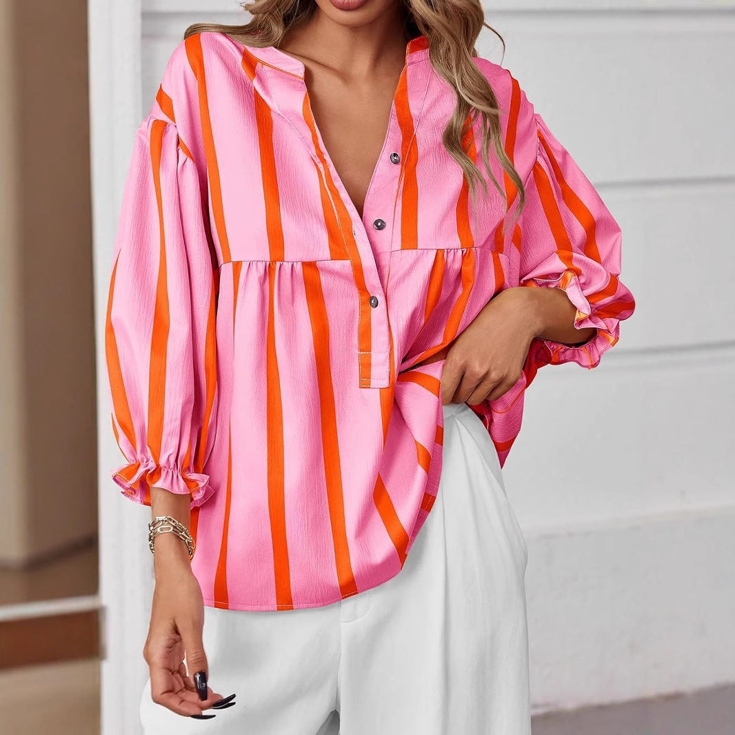Women's Striped Puff Sleeve Top | Loose Fit Long Sleeve Pullover