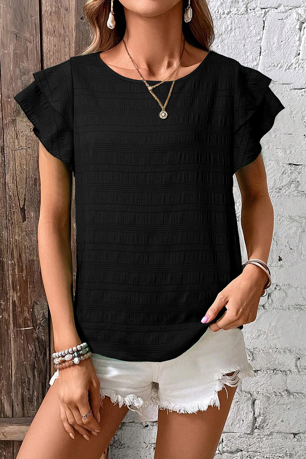 Dark Blue Textured Ruffled Sleeve Round Neck Top