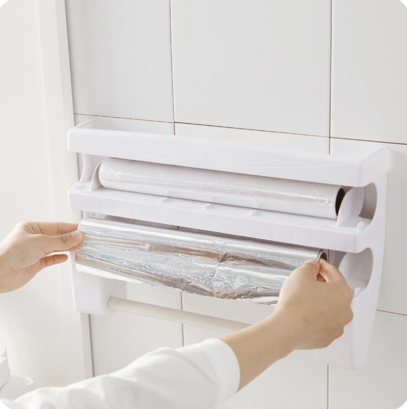 Multifunction Wall-Mount Cling Film Storage Wrap Cutter Rack Paper Holder for Kitchen