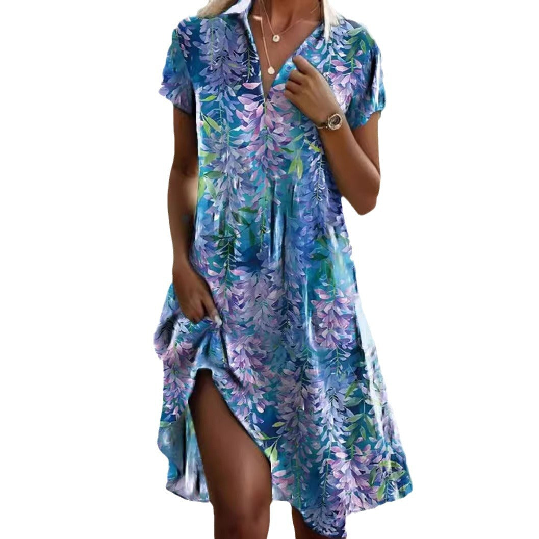 Summer Polka Dot Print Dress Fashion Casual V-Neck Short Sleeve Dresses Beach Daily Clothing For Women