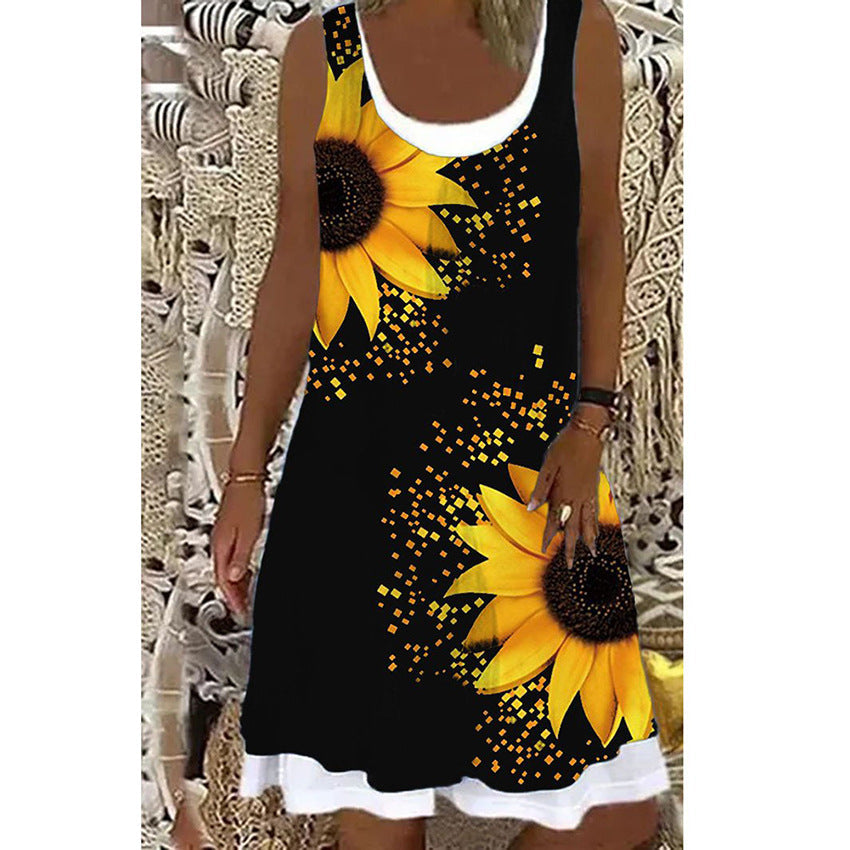 Women's Printed Patchwork Round Neck Sleeveless Pleating Dress