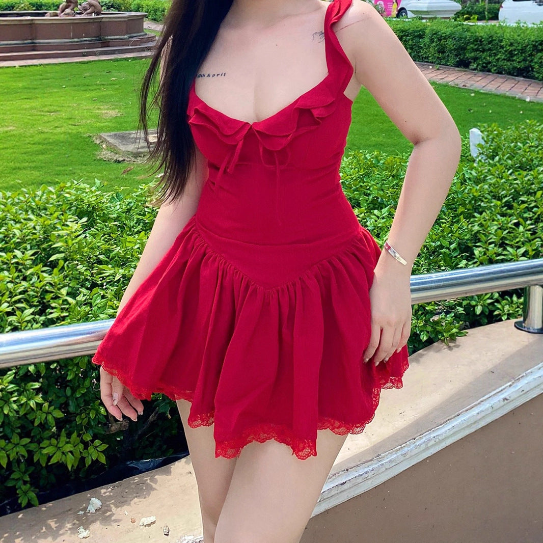 Lace Edge Stitching Depth V-neck Lace-up Dress