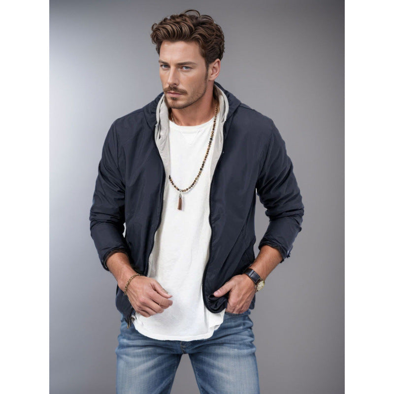 Mens Clothing Solid Color Zipper Reversible Trendy Coat