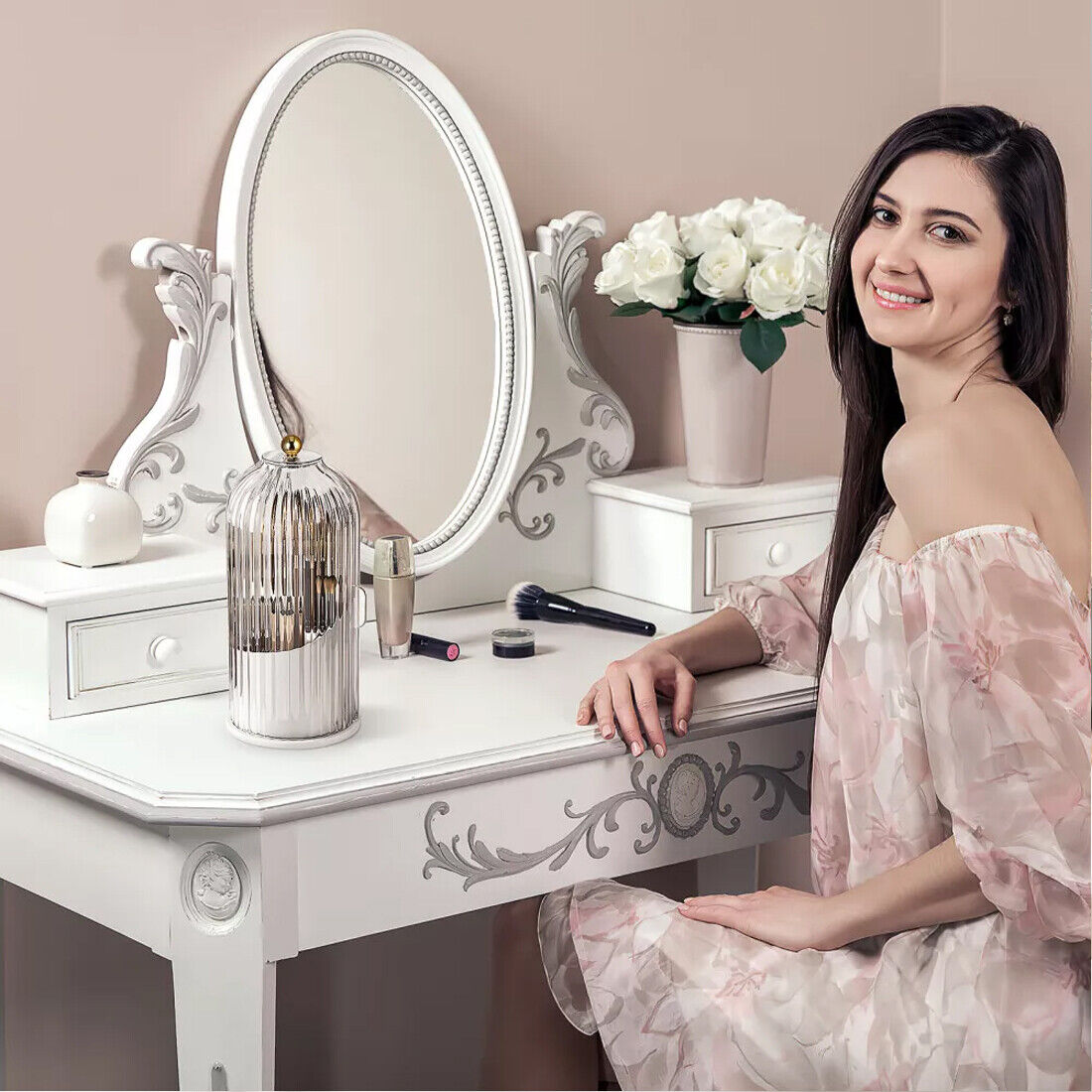 360° Rotating Makeup Brush Holder with Clear Lid Cosmetic Organiser Make-Up