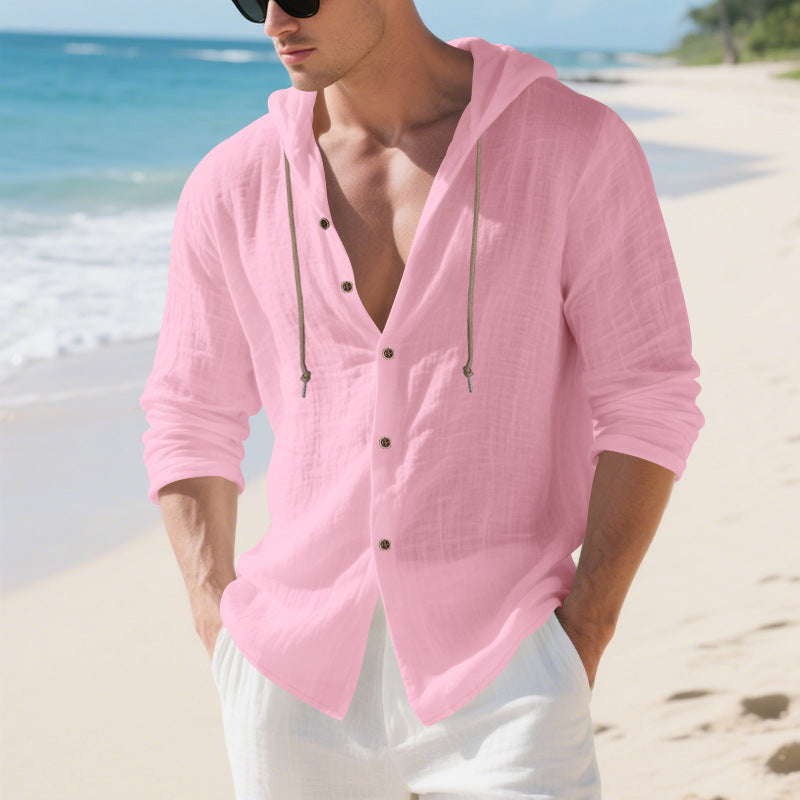 Mens Linen Hooded Long-Sleeve Casual Cardigan Shirt