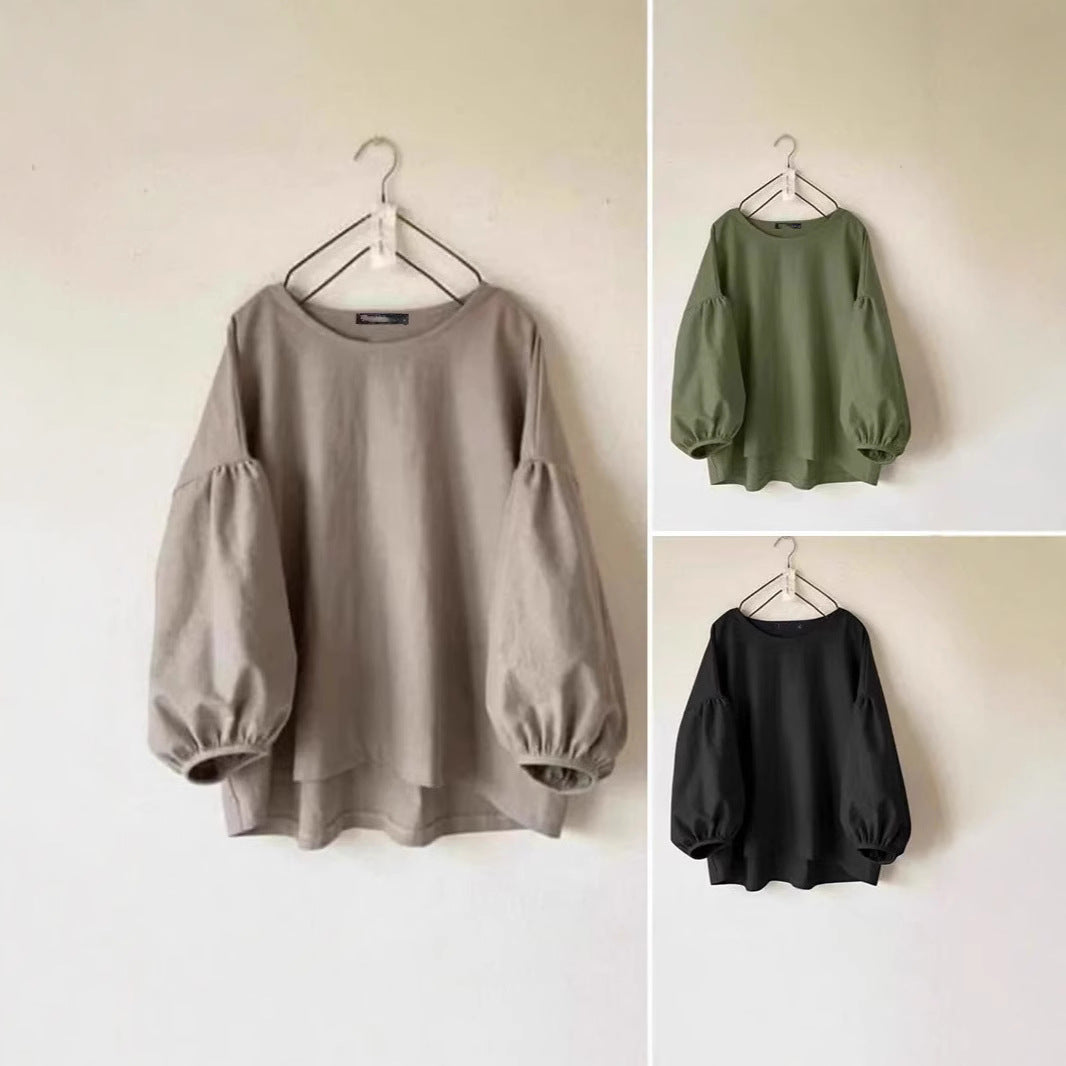 Women's Loose-fit Vintage Crew-neck Shirt With Puff Sleeves