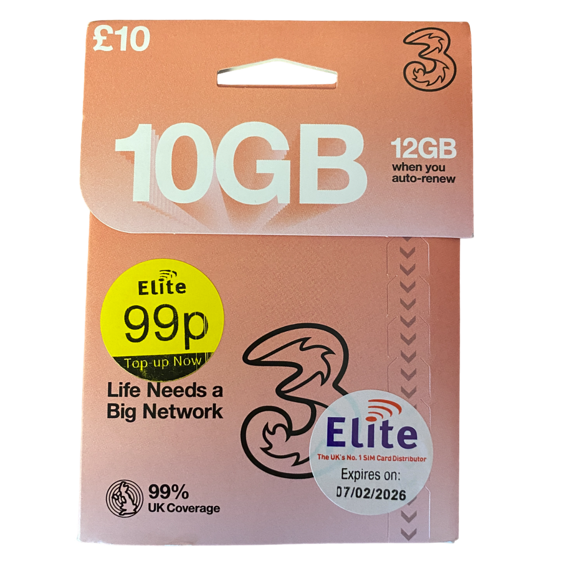 Three Pay As You Go Sim Card - £10