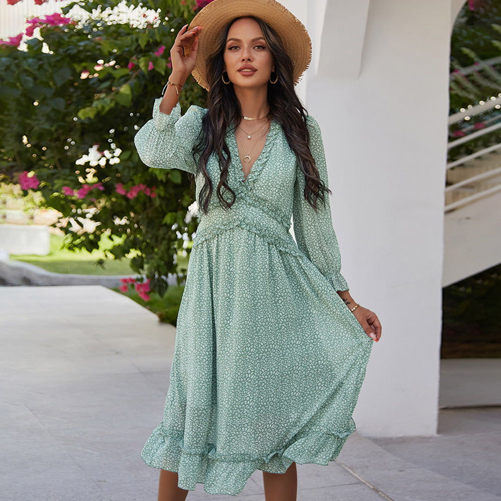 Spring And Summer V-neck Simple Print Dress For Women