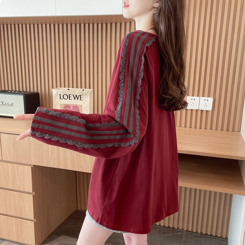 Solid Color Stitching Lace Lacework Round-neck T-shirt Women's Brushed Top