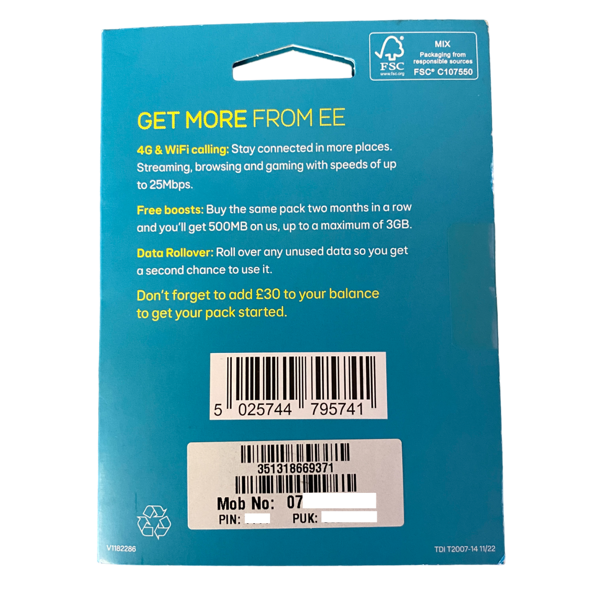 EE Pay As You Go Sim Card - £30 Subscription Pack