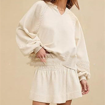 Women's Casual Lace Lantern Long Sleeve Solid Color Loose Top