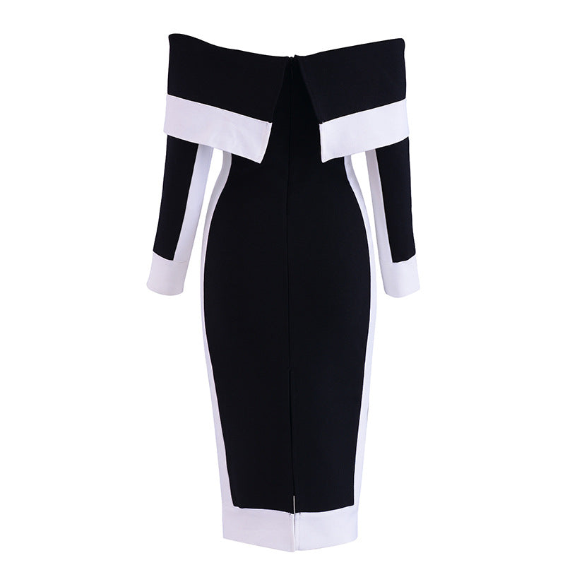 Color Contrast Patchwork Simple Off-shoulder Midi Dress White Dress