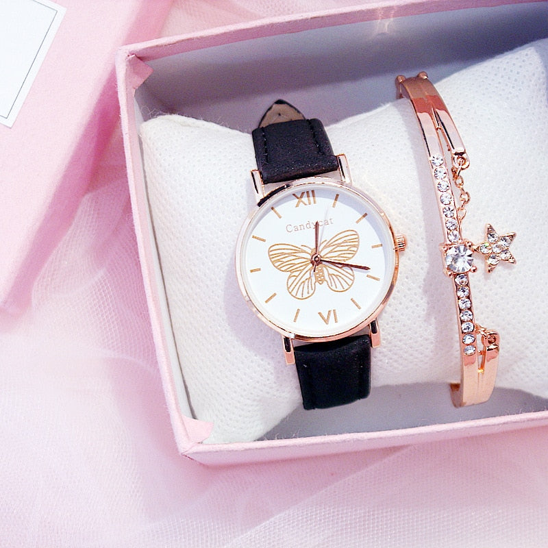 Ladies Fashion Trend Wild Butterfly Dial Belt Quartz Watch