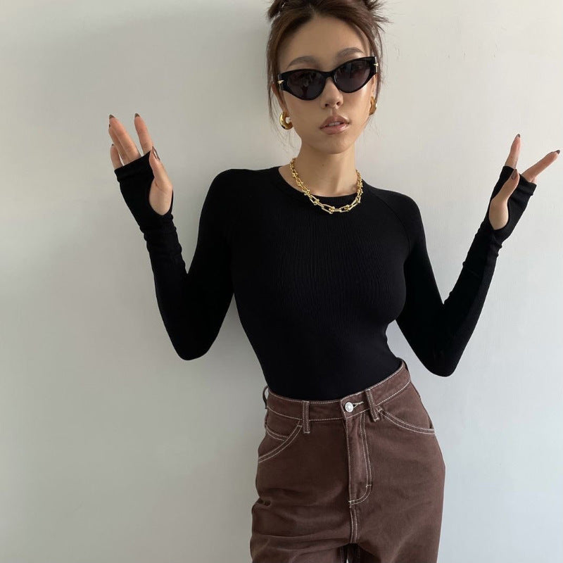 Long-sleeved Crew-neck Pullover Bodycon Top That Flatters And Slims The Figure