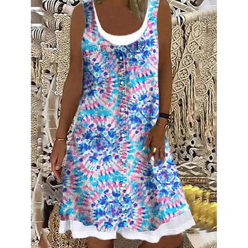 Women's Printed Patchwork Round Neck Sleeveless Pleating Dress