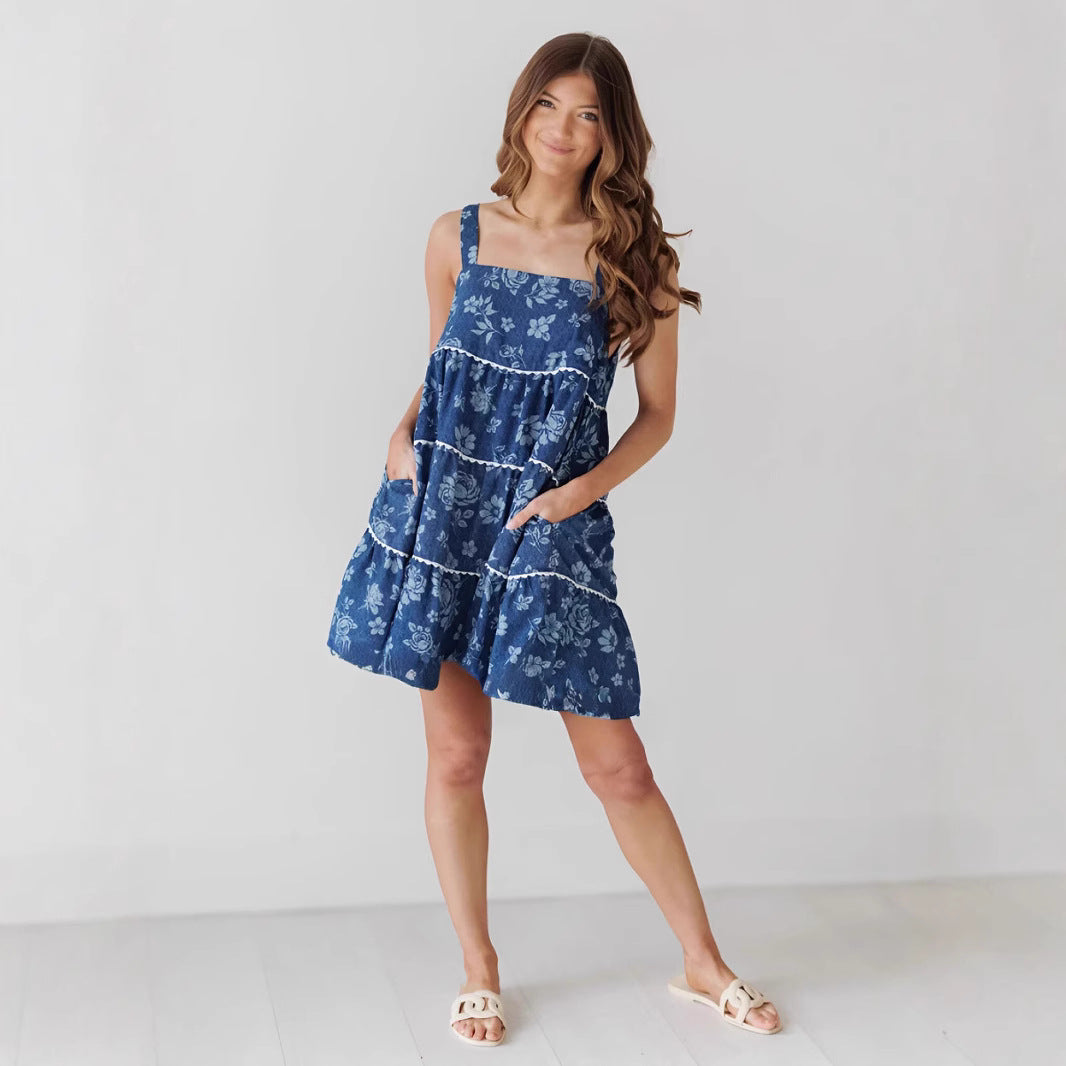 Sling Pleated Backless Denim Dress Women