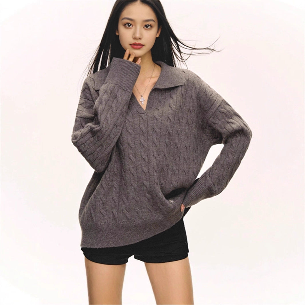 Lapel Twisted Pullover Sweater For Women