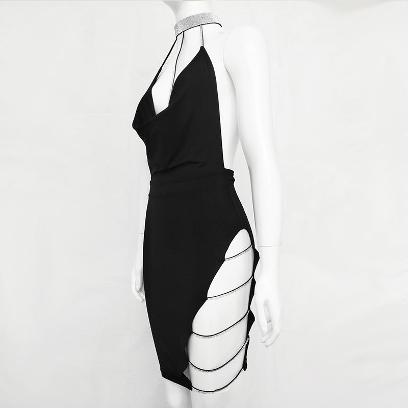 Rhinestone Sparkle Patchwork Neck Dress