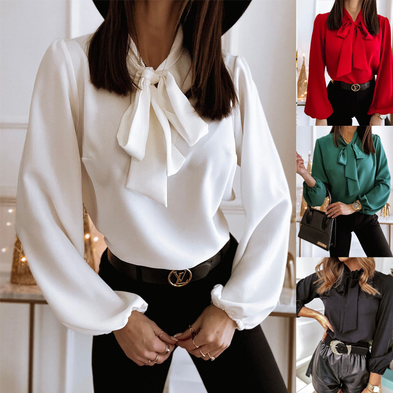 Bowknot Long Sleeve Shirt Collared Women's  Solid Color Professional Business Blouse For Work Office Wear