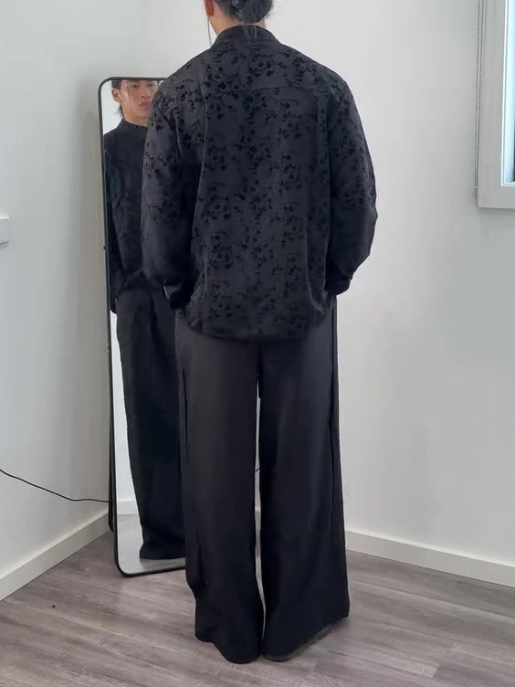 Black Jacquard Mandarin Collar Top With Asymmetric Button Placket