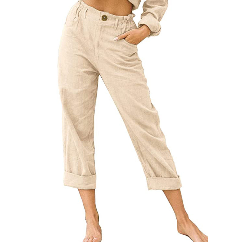 Women's Cotton Linen Patchwork Trousers | High Waist Drawstring | Loose Casual Pants | 11 Colours | S–3XL