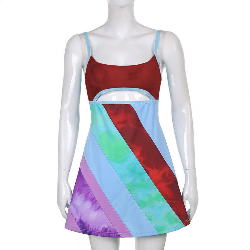 Y2K Aesthetic Patchwork Front Cut Out Stripe Spaghetti Strap Sexy Rave Party Dresses