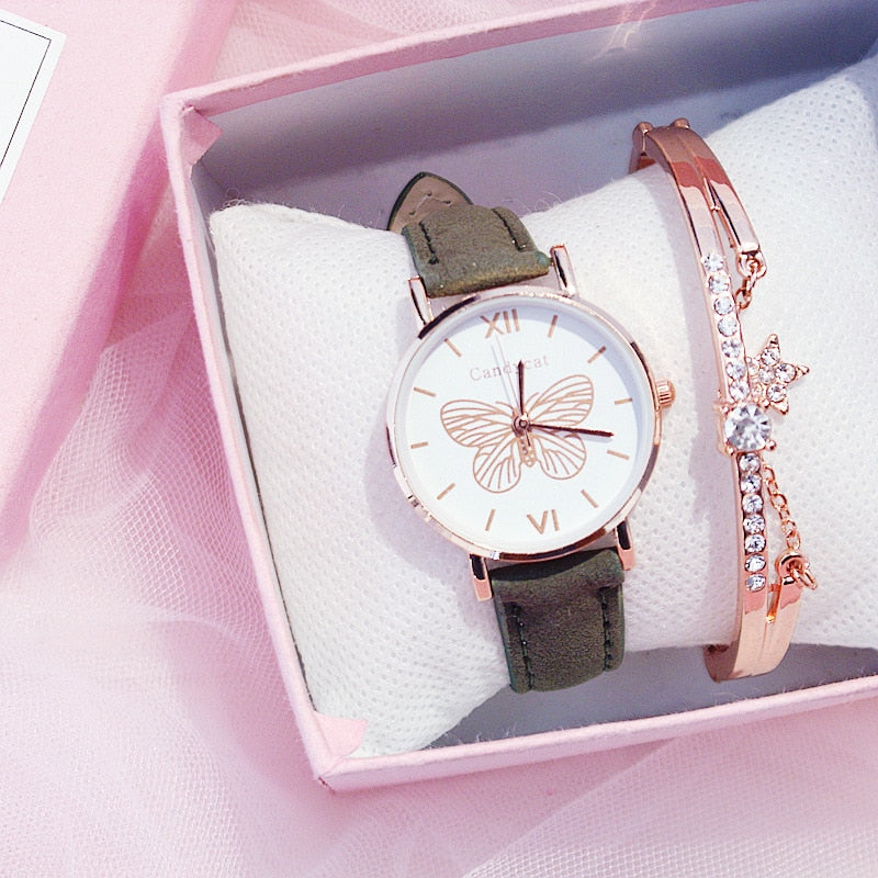 Ladies Fashion Trend Wild Butterfly Dial Belt Quartz Watch