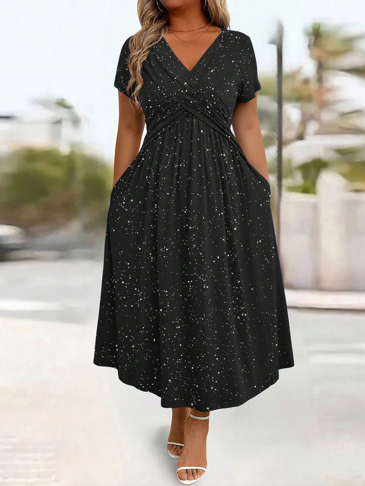 Waist Cinching Elegant Dress With A Vneck Shimmering Powder Finish Twisted Ribbon Detailing And Pocket Design