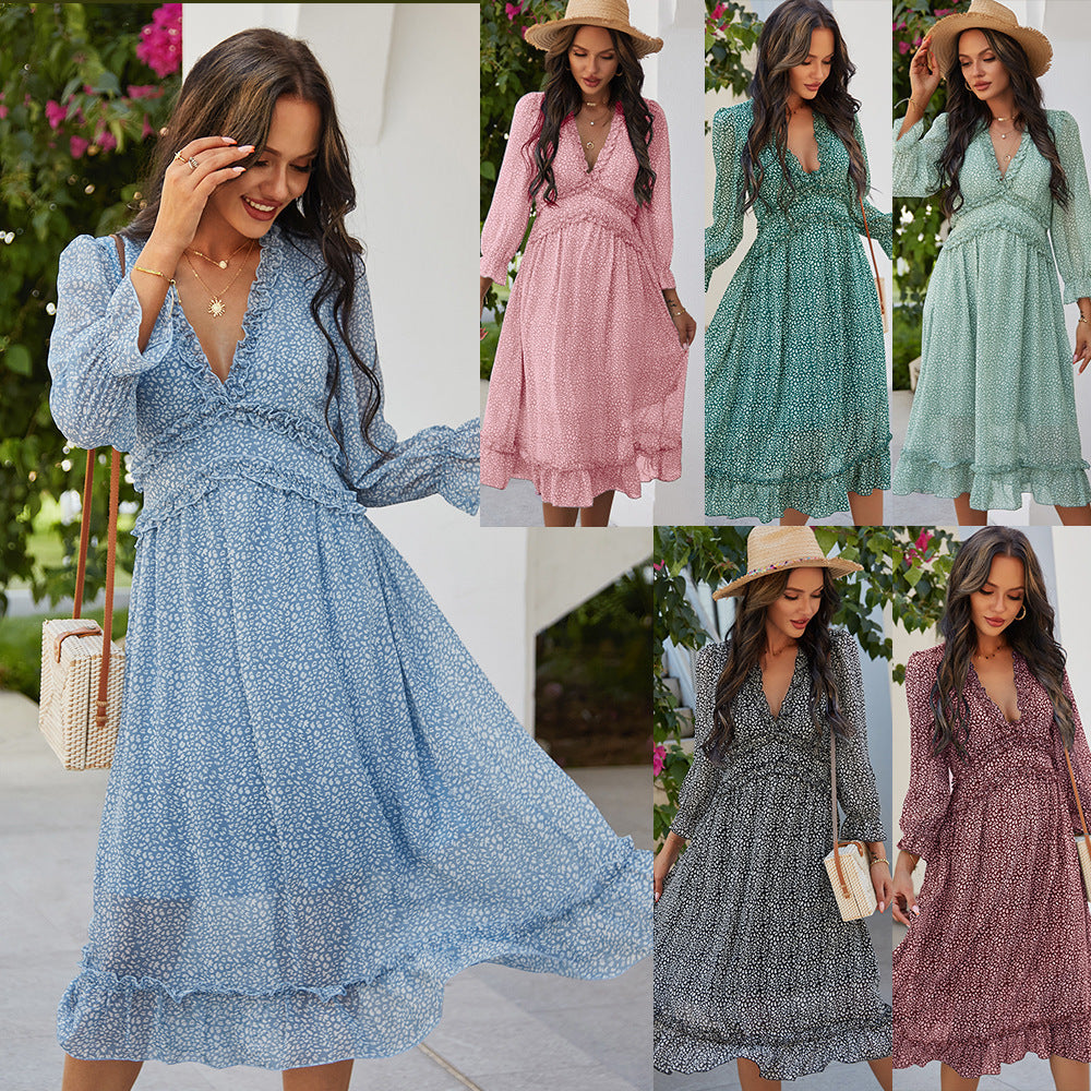 Spring And Summer V-neck Simple Print Dress For Women