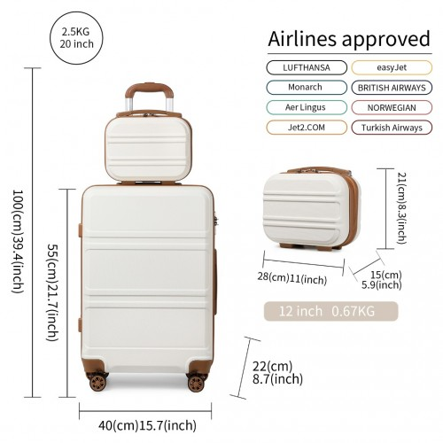 K1871-1L - Kono ABS 4 Wheel Suitcase Set with Vanity Case - Cream