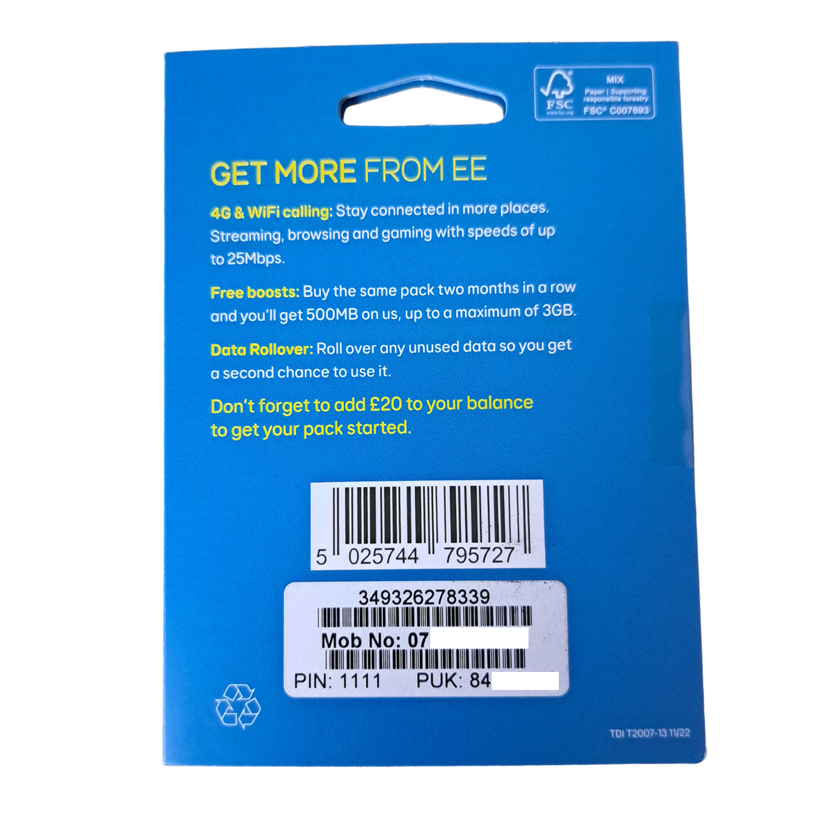 EE Pay As You Go Sim Card - £20 Subscription Pack