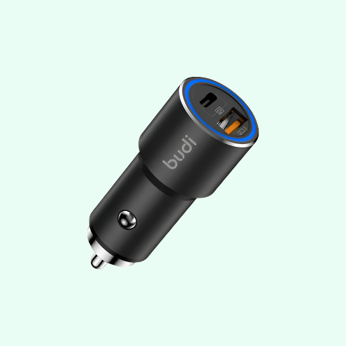 Budi 38W Dual Port Car Charger - USB-C PD 20W & USB-A QC 18W with LED Indicator