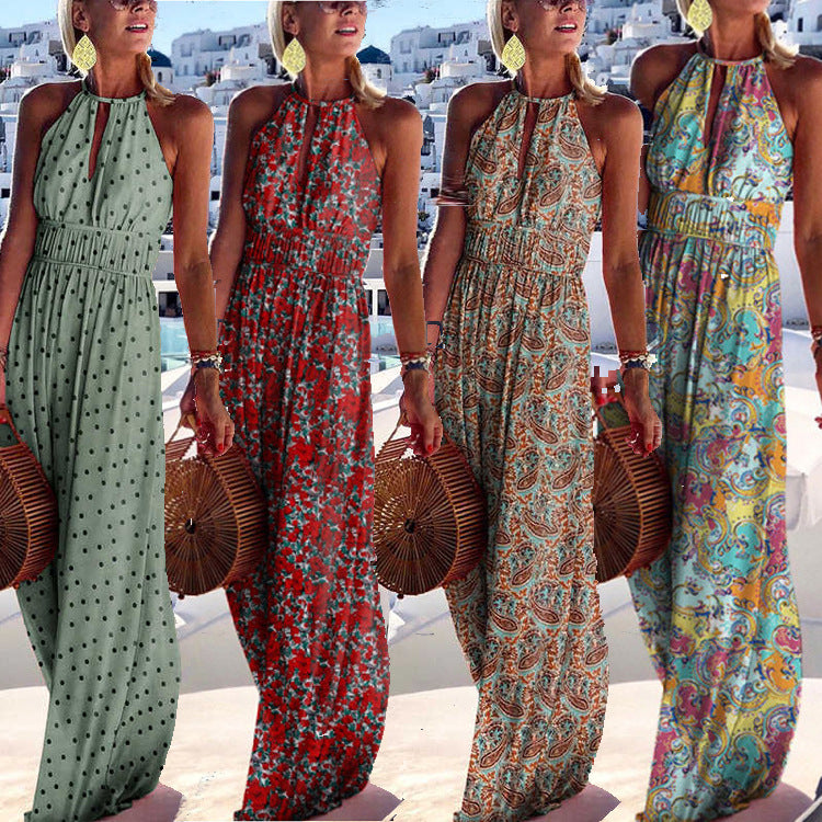 Round Neck Halter Backless Sexy Print Dress Women's Summer Dress